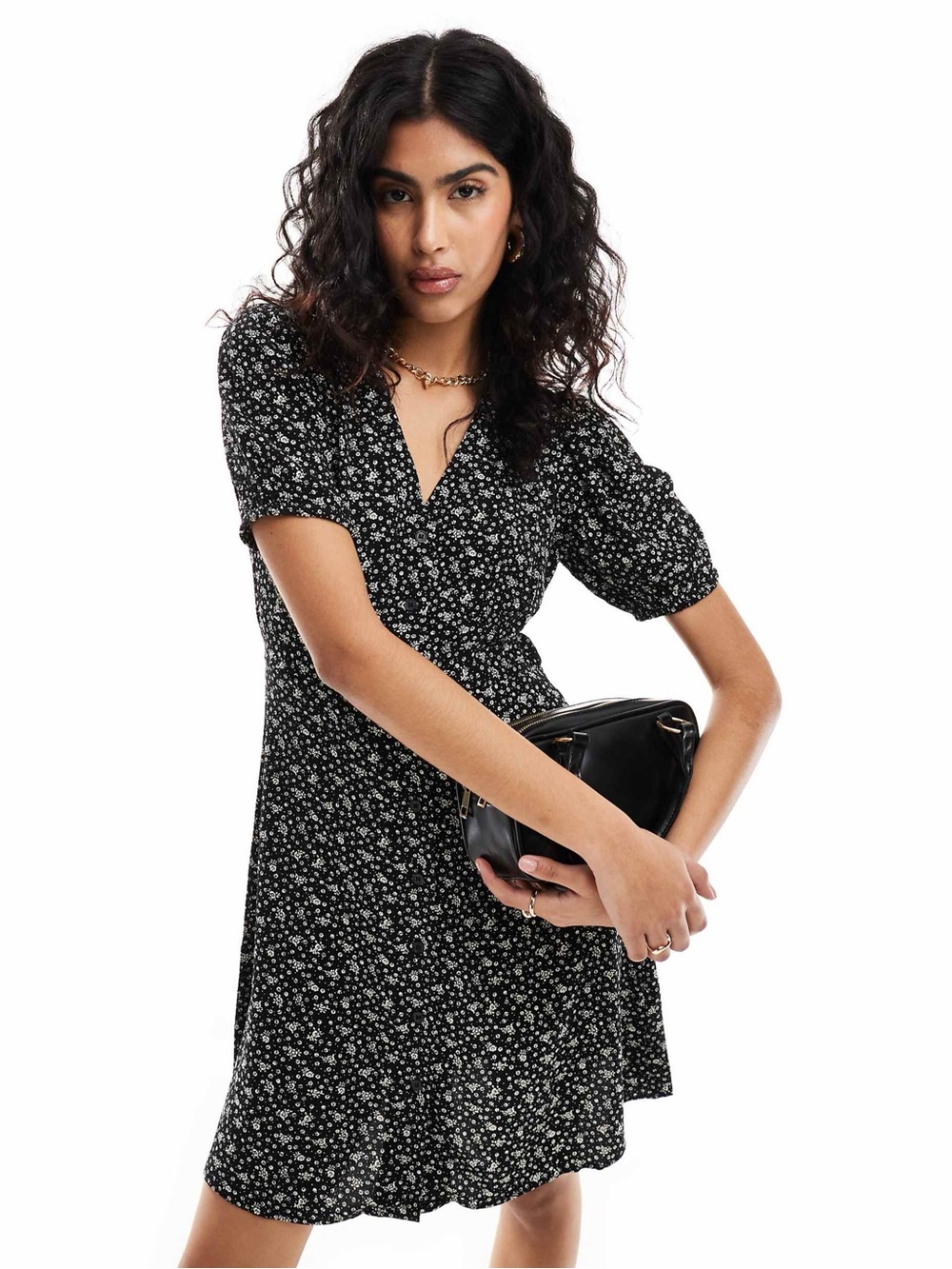& Other Stories Black Mini Dress with White Floral Print